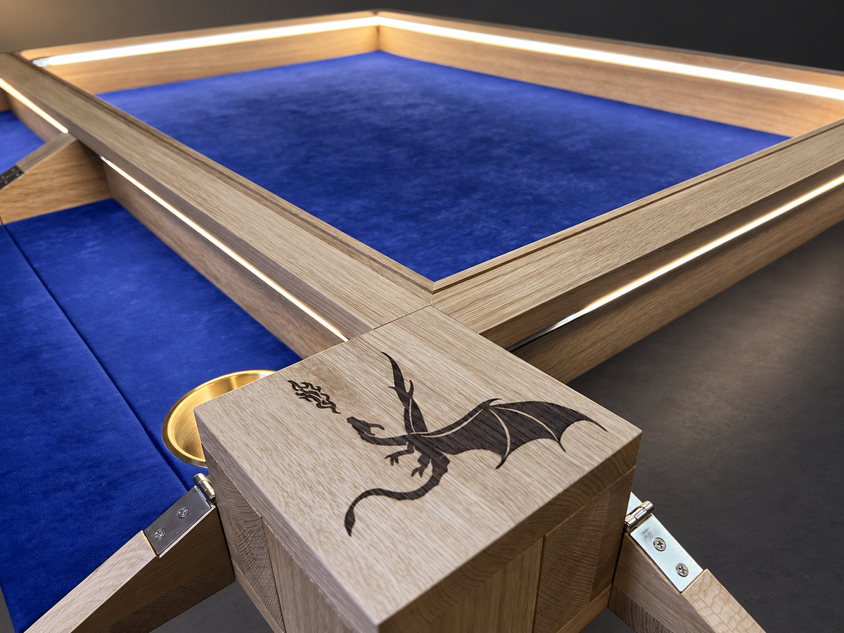 MISSION oak engraved corner and fold-out player station
