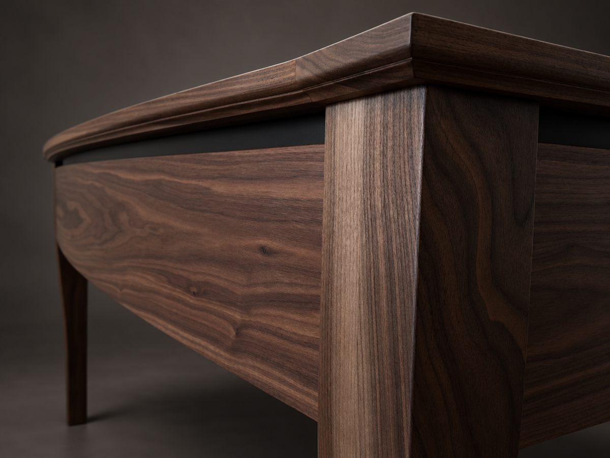 Close-up of SIEGE American walnut corner, apron and leg