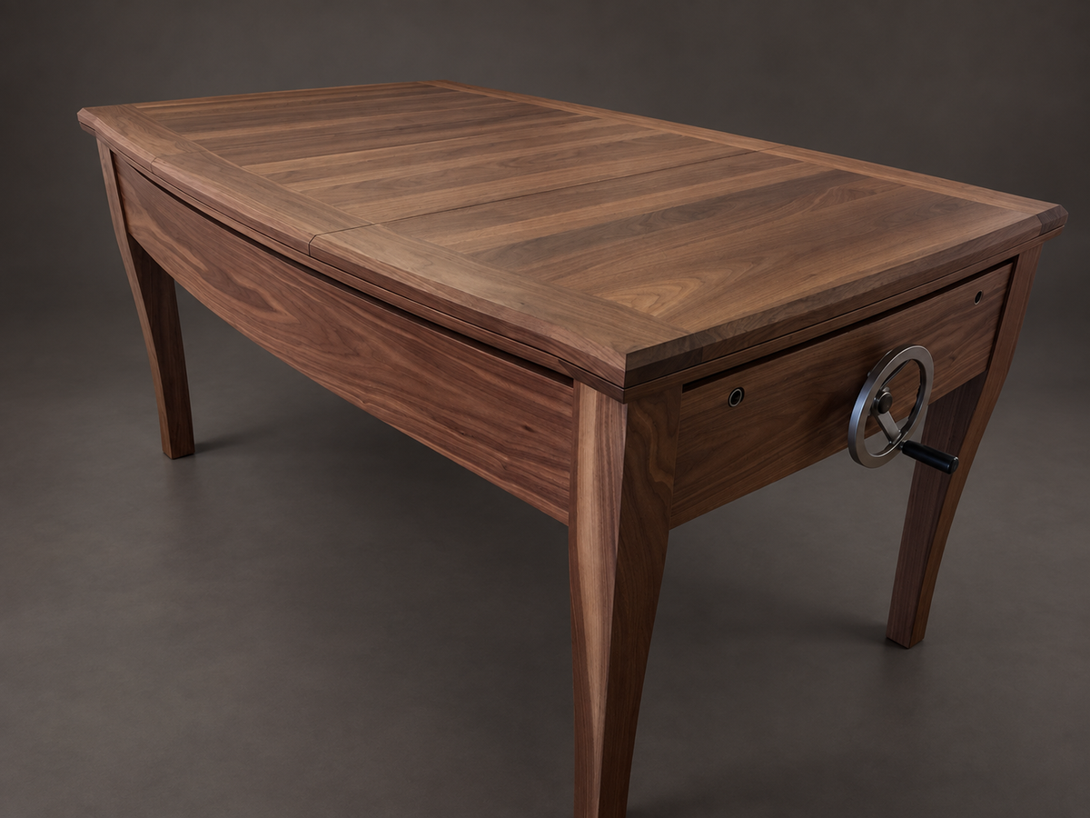SIEGE American walnut table with dining leaves fitted, viewed from the crank side