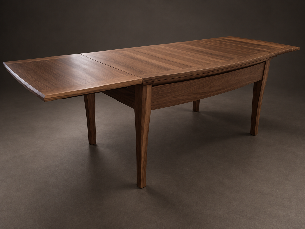SIEGE American walnut dining table with an extension leaf deployed