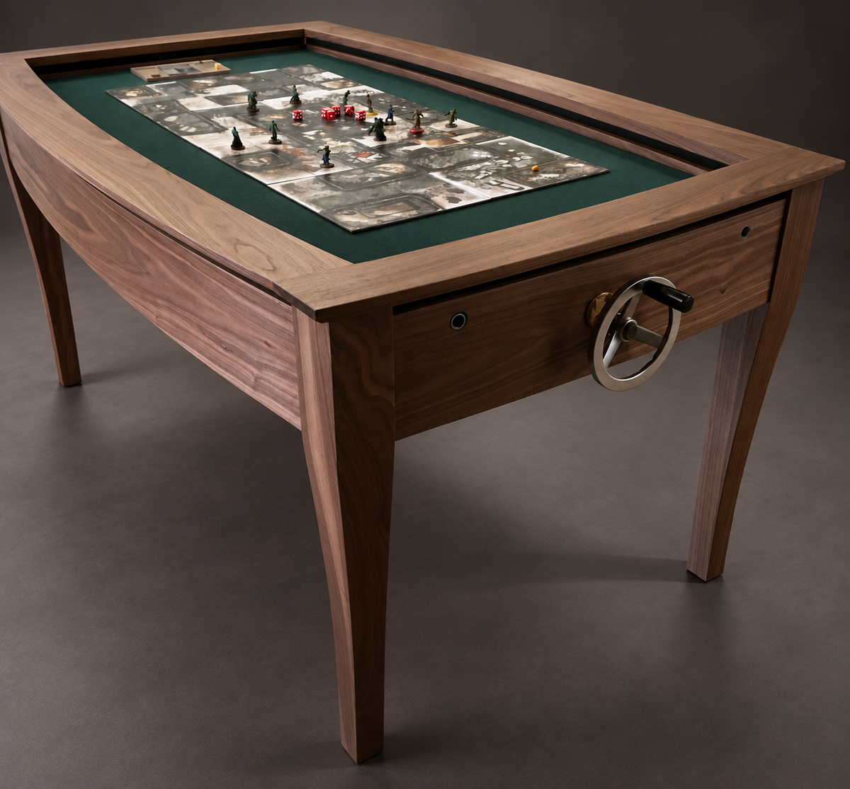 SIEGE American walnut gaming table with the crank on its short side
