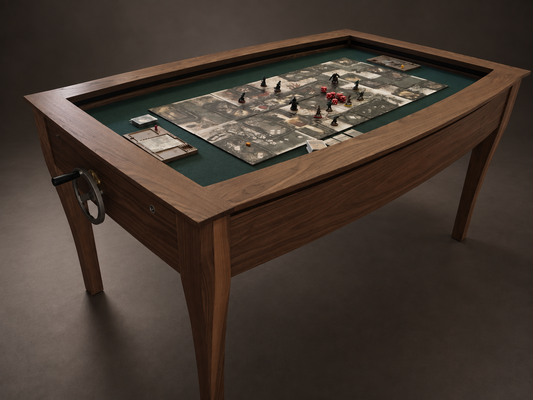 SIEGE board game table in American walnut, recessed green playing area and hand crank