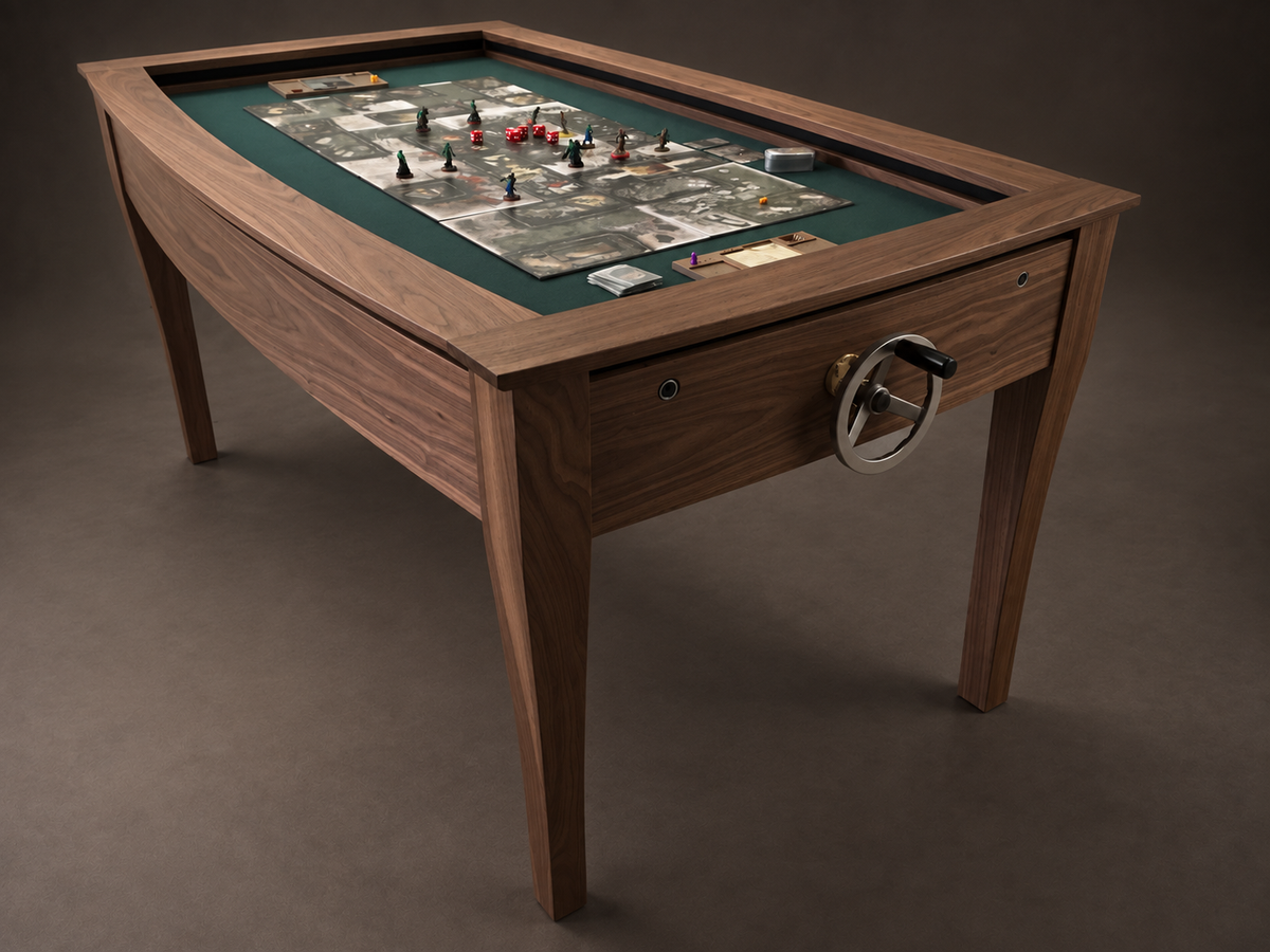 SIEGE American walnut gaming table from the opposite side, with green playing field and crank