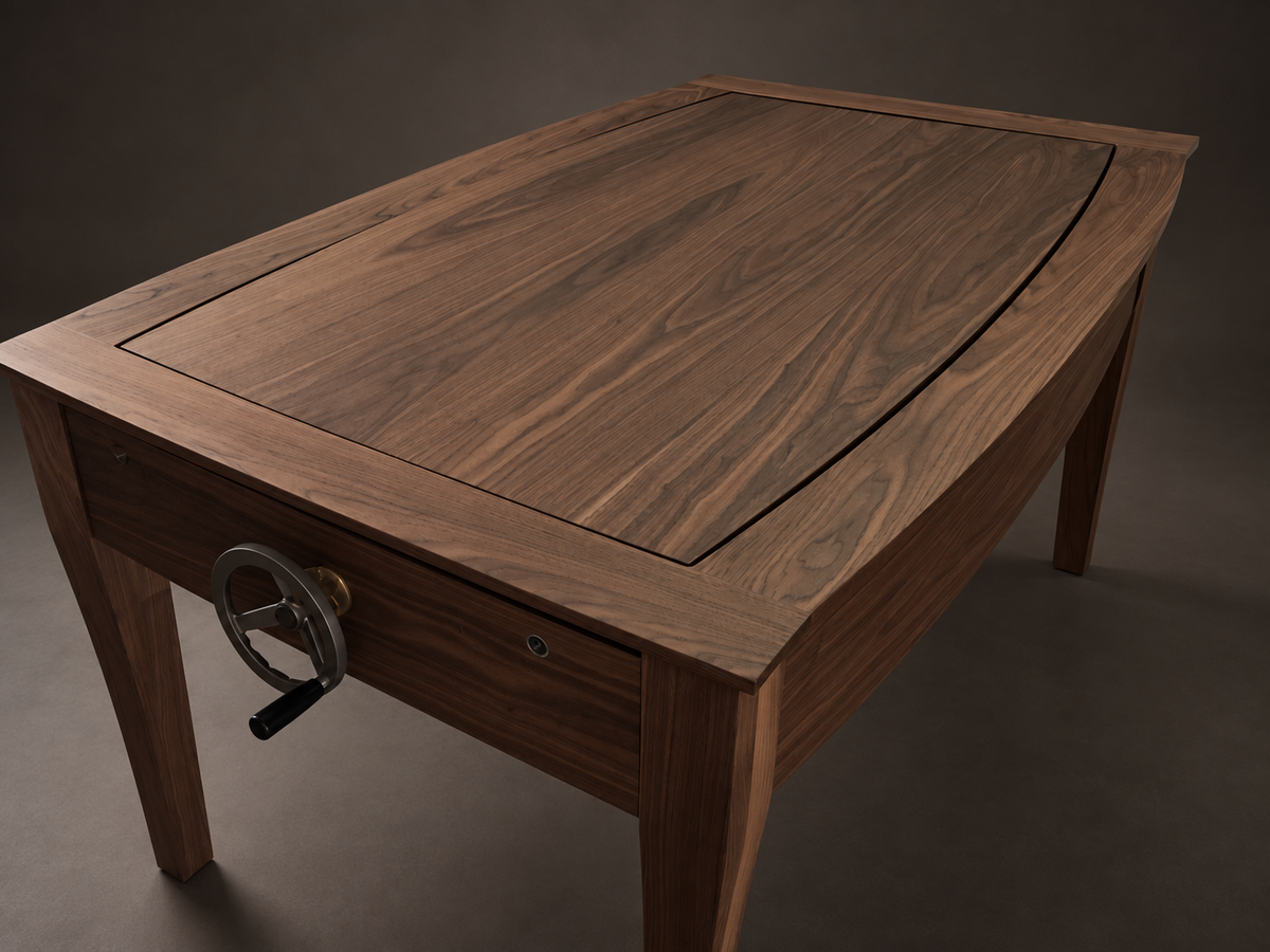 SIEGE American walnut table with inset wooden dining top and visible crank