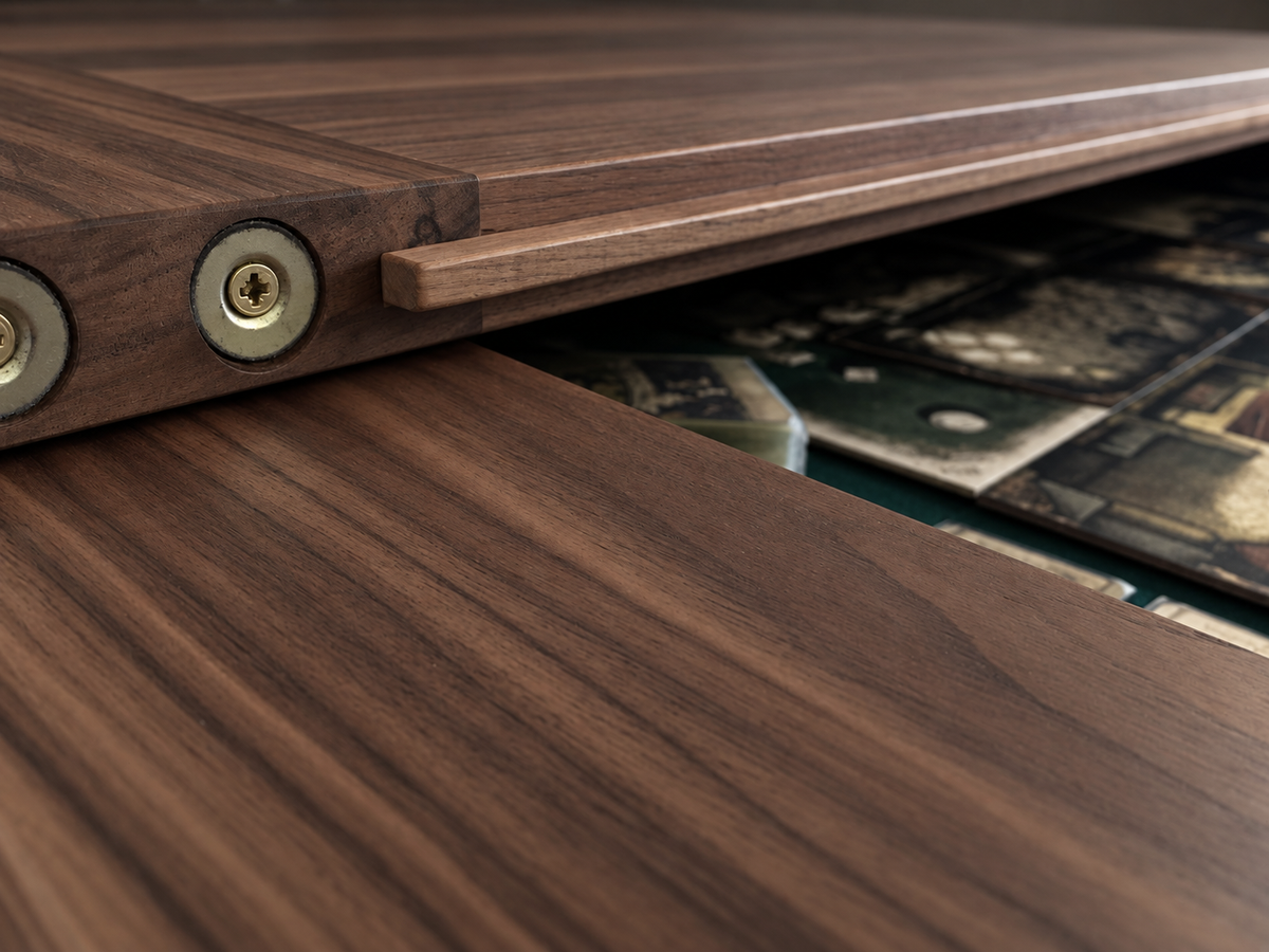 Detail of SIEGE dining leaf alignment strip and metal fittings