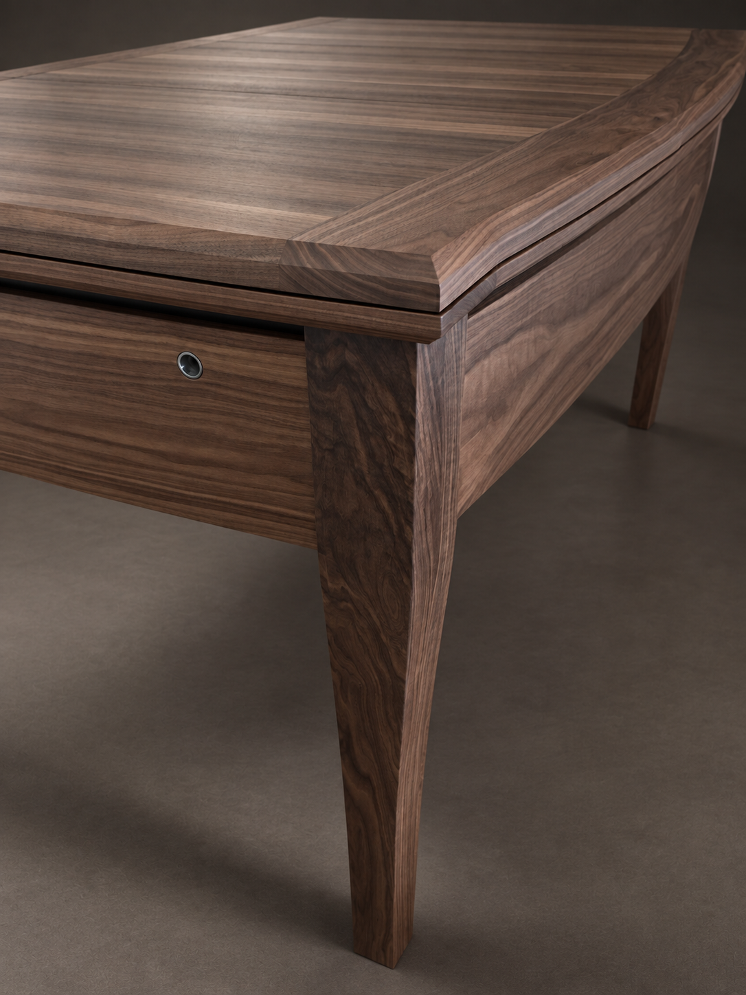 Detail of SIEGE walnut leg, dining tabletop and apron