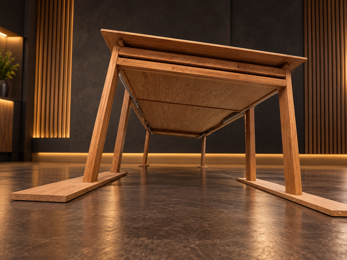 Underside view of the SOJOURN SLIDE oak table