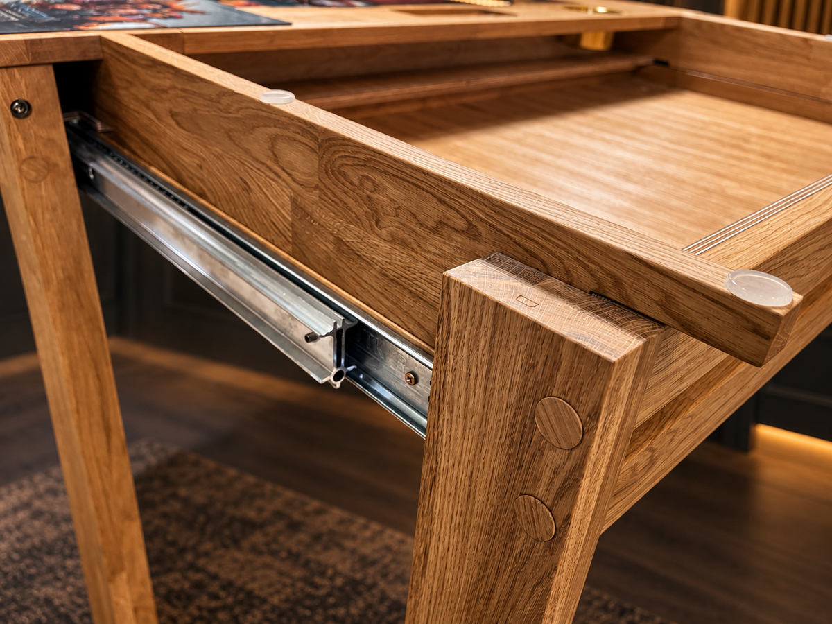 Detail of the split wooden leg and sliding rail