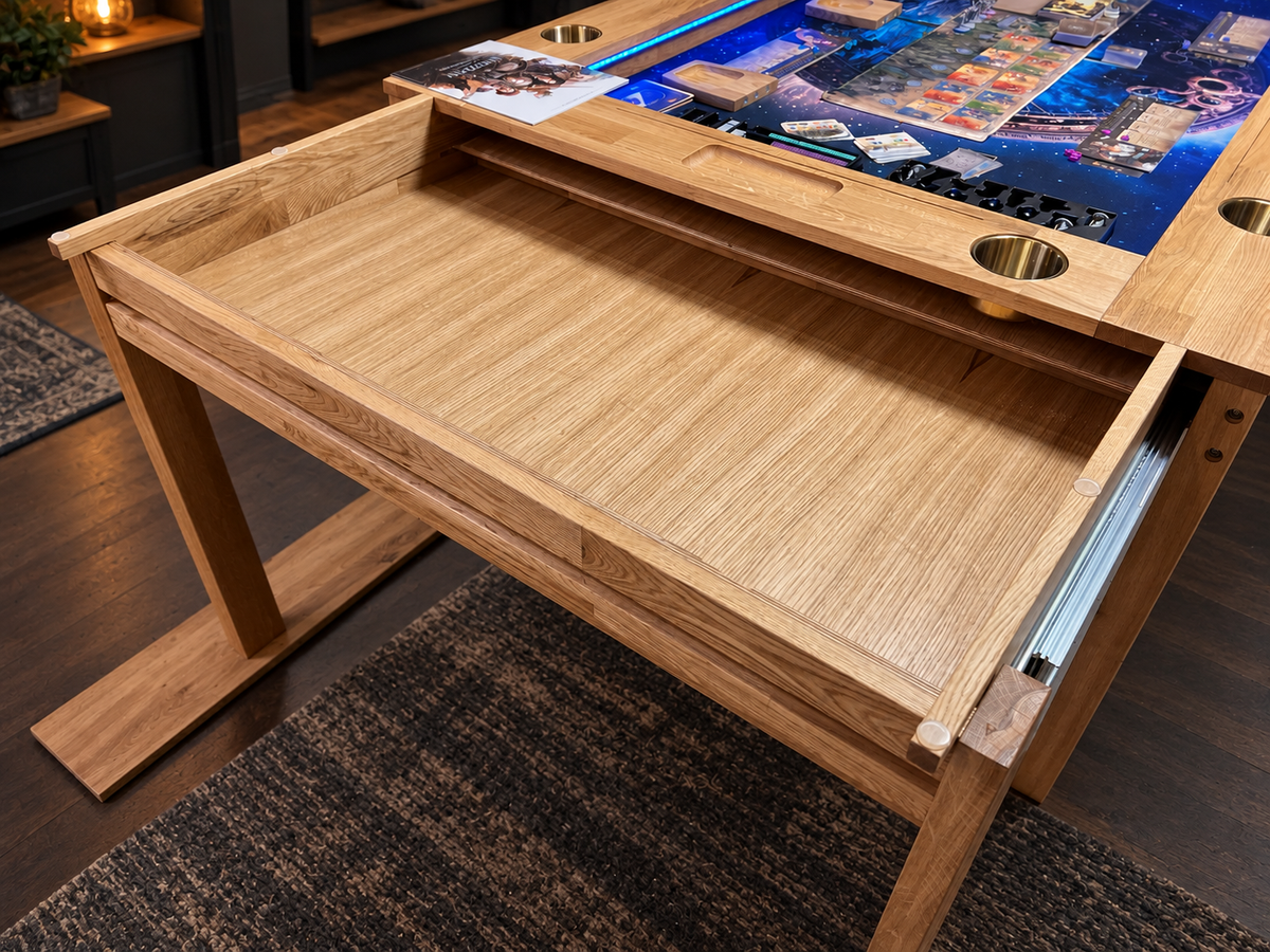 Pull-out storage drawer beneath the SOJOURN SLIDE gaming surface