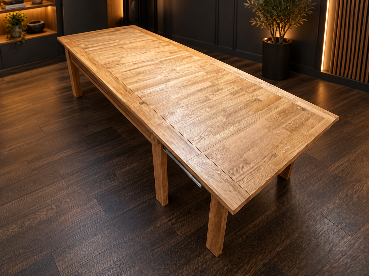 SOJOURN SLIDE solid oak board-game table with its dining tabletop
