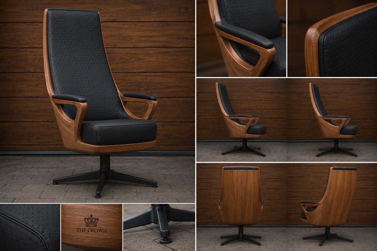 The Crown Chair concept render — close-up of materials and craftsmanship